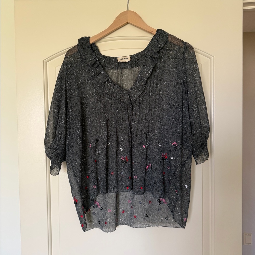 Zadig & Voltaire Charcoal Sheer Ruffle-Neck Blouse with Heart Motif